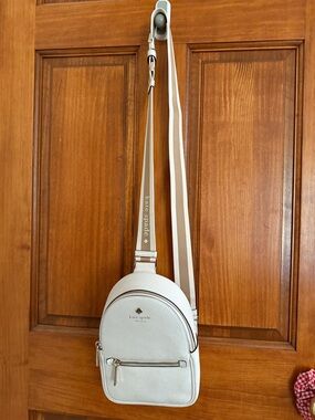 kate spade White Pebble Leather Mini Backpack Crossbody Bag with Striped Strap